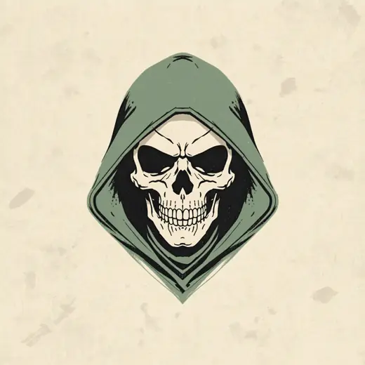 Hooded skull illustration in a sage green hood